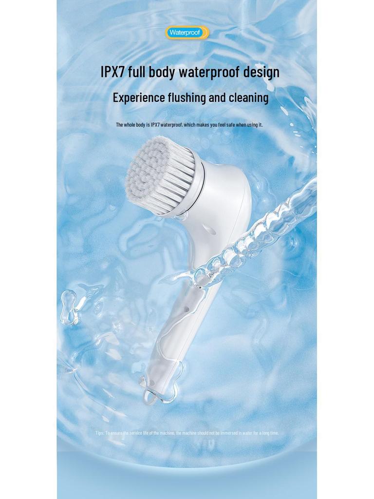 Electric Cleaning Brush with Steel Wool & 5 Brush Heads - Long Handle Handheld Kitchen & Dishwashing Tool