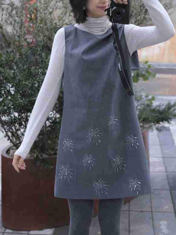 Women's Wool Blend Sleeveless Vest Dress with Firework Embroidery A-line Skirt - Spring Style S1QZ010