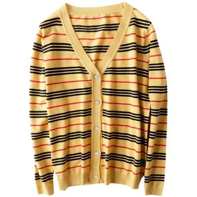 Spring and Autumn Knitted Cardigan V-Neck Colour Blocking Stripe Slimming Blouse Jacket