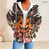Women Plus Size Zip Up Hoodie Cute Bat Cat Pumpkin Floral Bow Print Long Sleeve Casual Hooded Sweatshirt