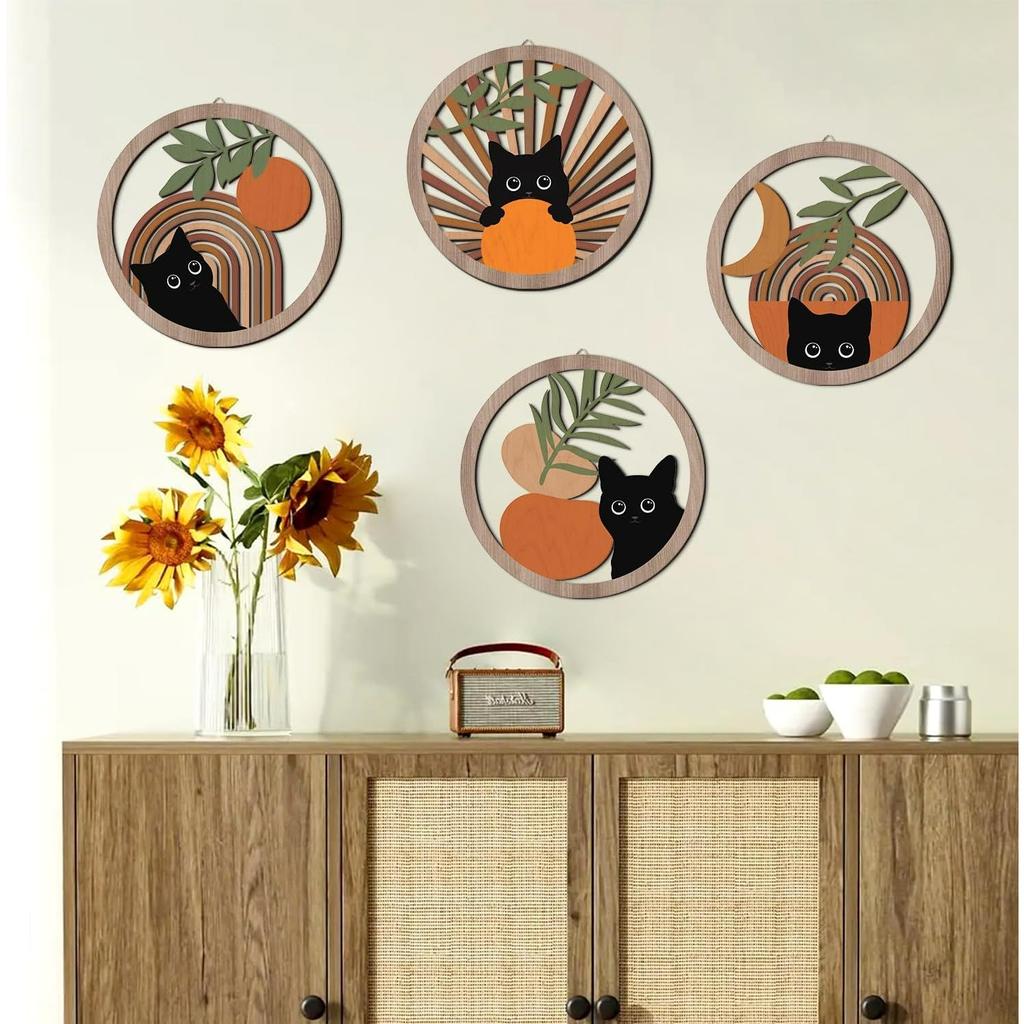 Boho Black Cat Wall Decor,Farmhouse Geometric Hanging Wooden Wall Art,4 Pieces 10''x10'' Mid Century Bohemian Abstract Moon and Sun Wood Sign