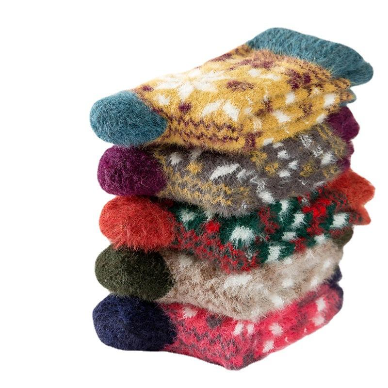 5 Pairs of Women's Autumn and Winter New Octagonal Imitation Ferret Thick Rabbit Wool Tube Socks