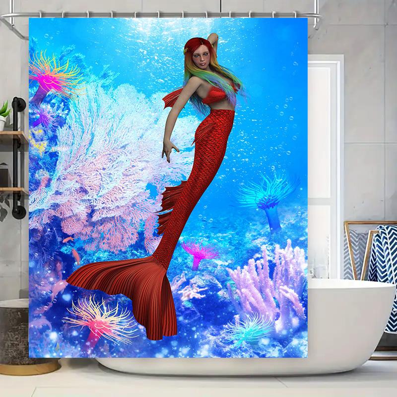 

Mermaid Tail Shower Curtain Red Fish Scale Print Waterproof Fabric Home Decor Item For Bathroom Decoration W60H190(CM)-1 Pcs
