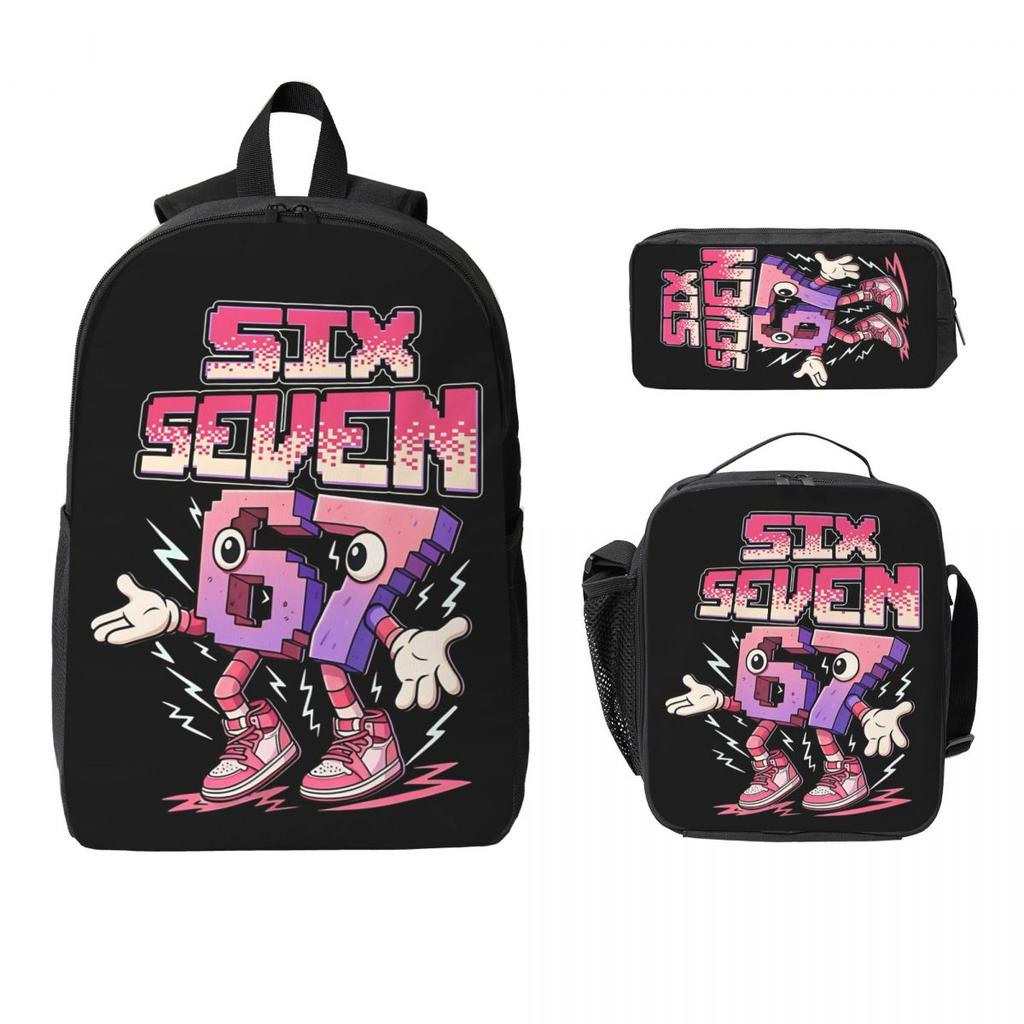 3 Peças 67 Seis Sete 6-7 Italian Brainrot Conjunto de Mochilas Escolares para Meninas Meninos Estojos Mochilas Conjuntos com Lancheira Para Mochila do Dia
