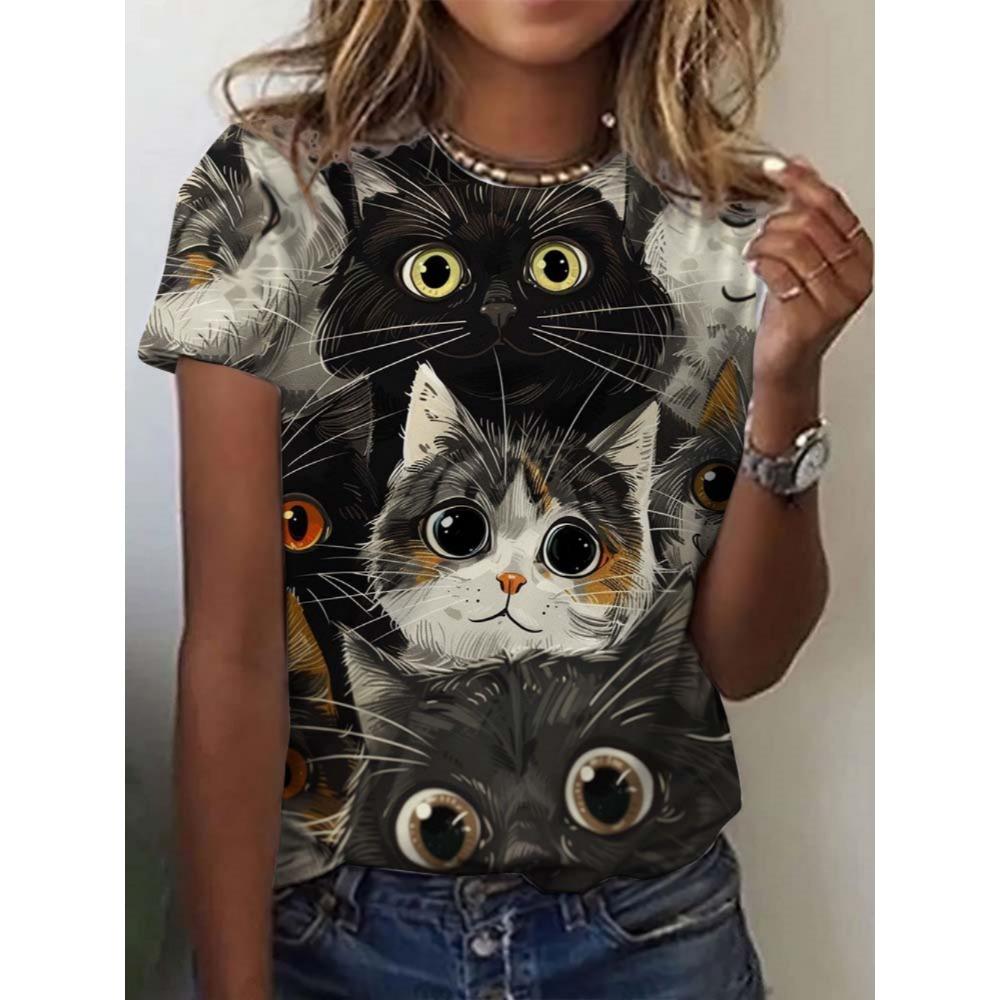 Summer Women Cat Pattern T-Shirt Fun Animal 3D Printed Short Sleeves Loose O-Neck Breathable T-Shirts