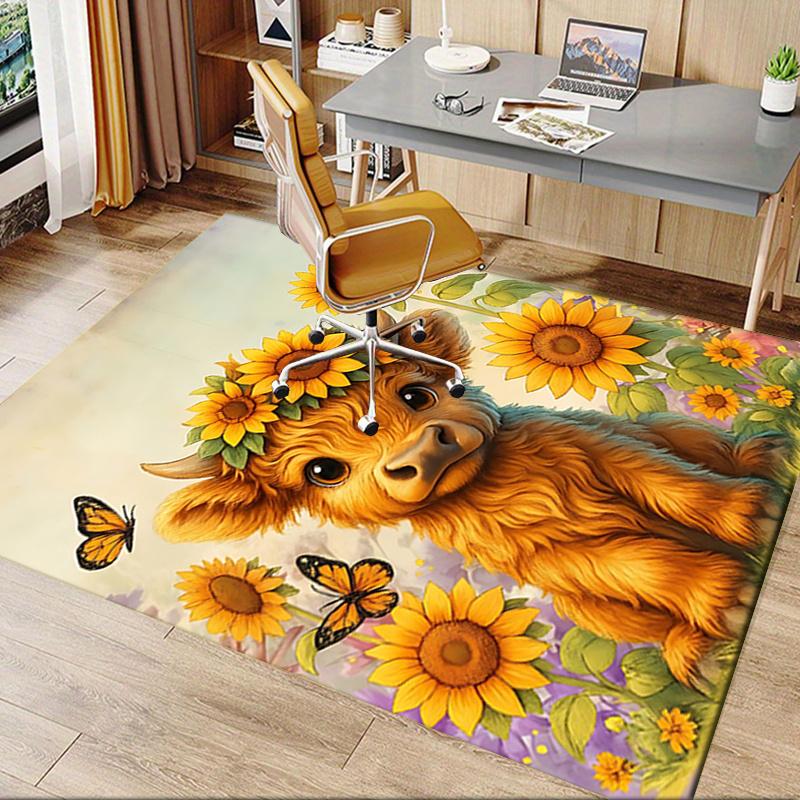 Sunflower Cow Chair Mat Office Carpet, Oversized Rug for Home Decor, Sofa Mat, Desk Pad Gift, Suitable for Bedroom, Living Room, Various Rooms