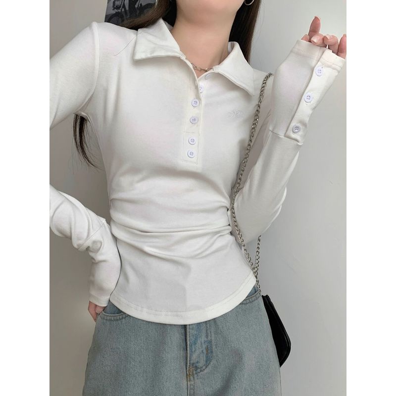Kumikumi New Arrival Graceful Gray Polo Collar Long Sleeves T-shirt Women Autumn All-Matching Slim Fit Slim Bottoming Top