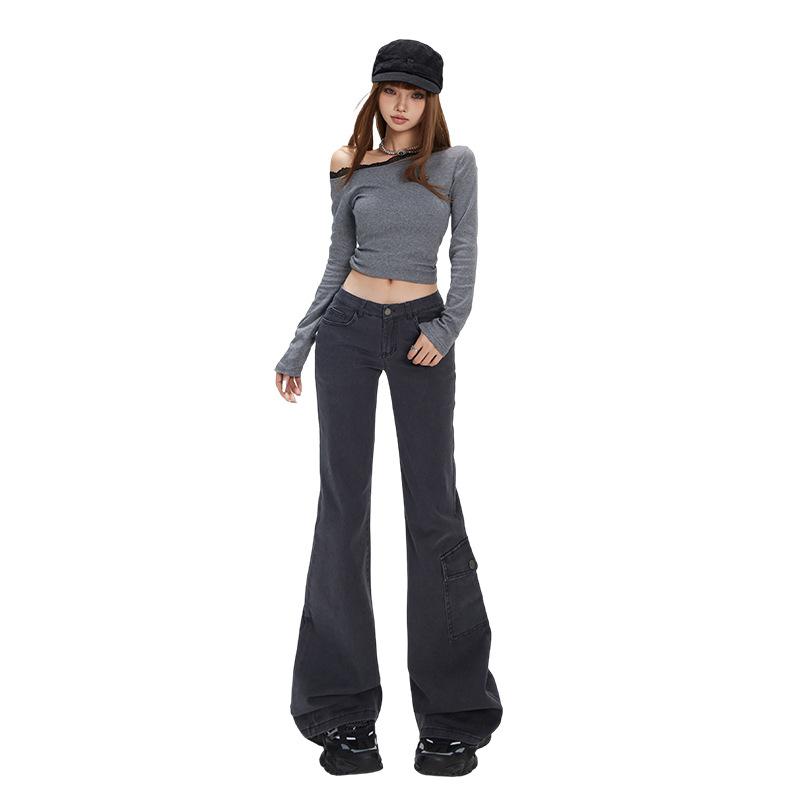 Low-rise tooling jeans women's autumn new American Spice Girls slim and thin versatile micro-flared pants