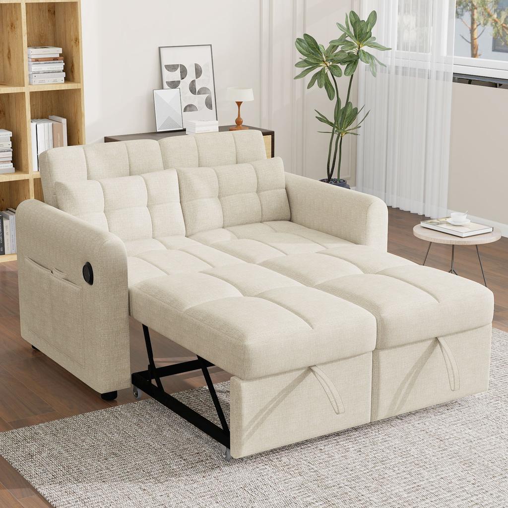 Design moderno: Divanetto 3-in-1 Divano Estraibile con Schienale Regolabile, USB, Tasche sui Braccioli e Cuscini. Adatto per Soggiorno, Camera da Letto, Appartamento