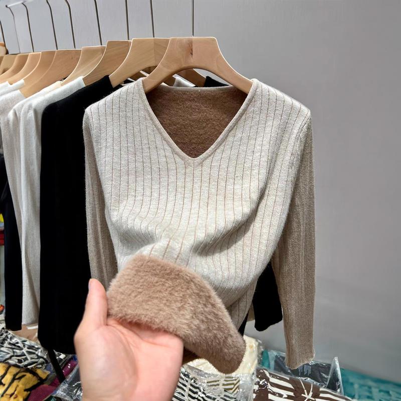 Casual Style Plush V-neck Long-sleeved T-shirt Sweater for Women Autumn and Winter