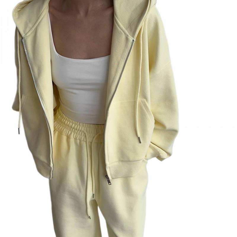 Womens 2026 Fall/Winter Loose Hooded Zip-Up Sweatshirt Pants Set Casual Streetwear Outfit Pure Color Cotton Blend
