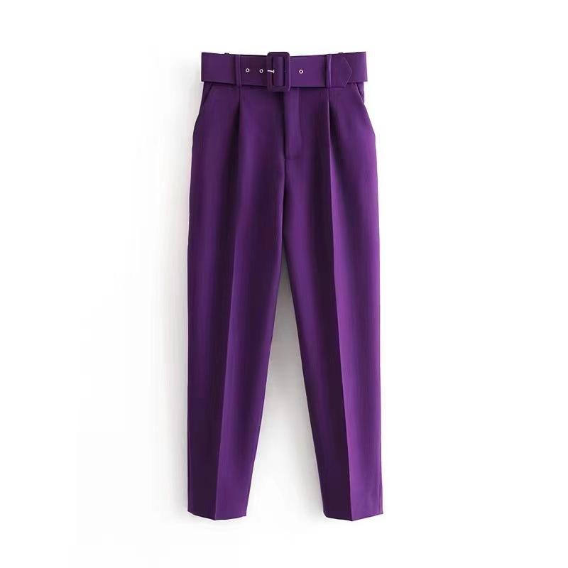New Women's Casual Pants, Slim Fit Straight Leg Stretch Trousers with Belted Waist, Solid Color Office Wear Cropped Pants