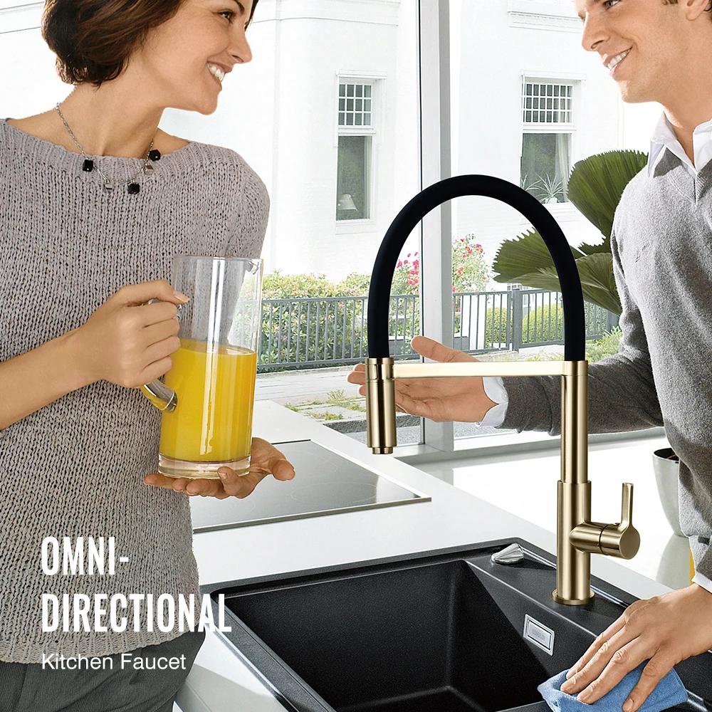 Brushed Gold Kitchen Faucet Hot And Cold Water Tap Black Hose Matte Gold Spout Sink Mixer Made Of Lead Free Copper