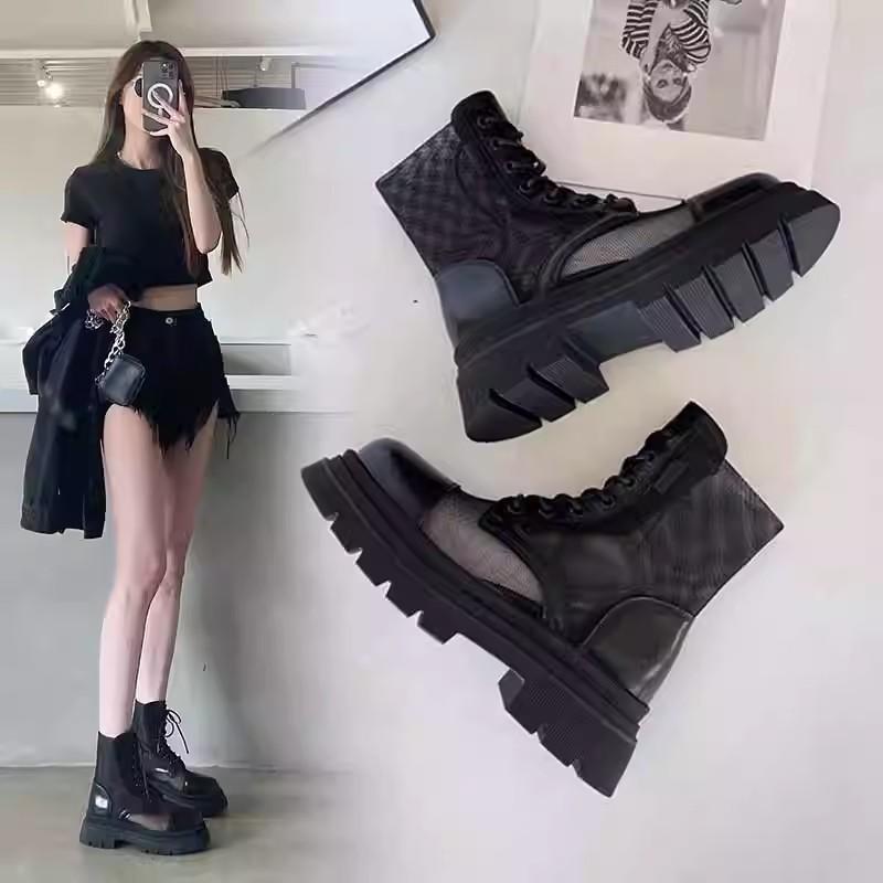 Summer Women's 2025 New Black Thick Soled Short Boots Breathable Thin Boots Women's Hollow Mesh Boots Summer Mesh