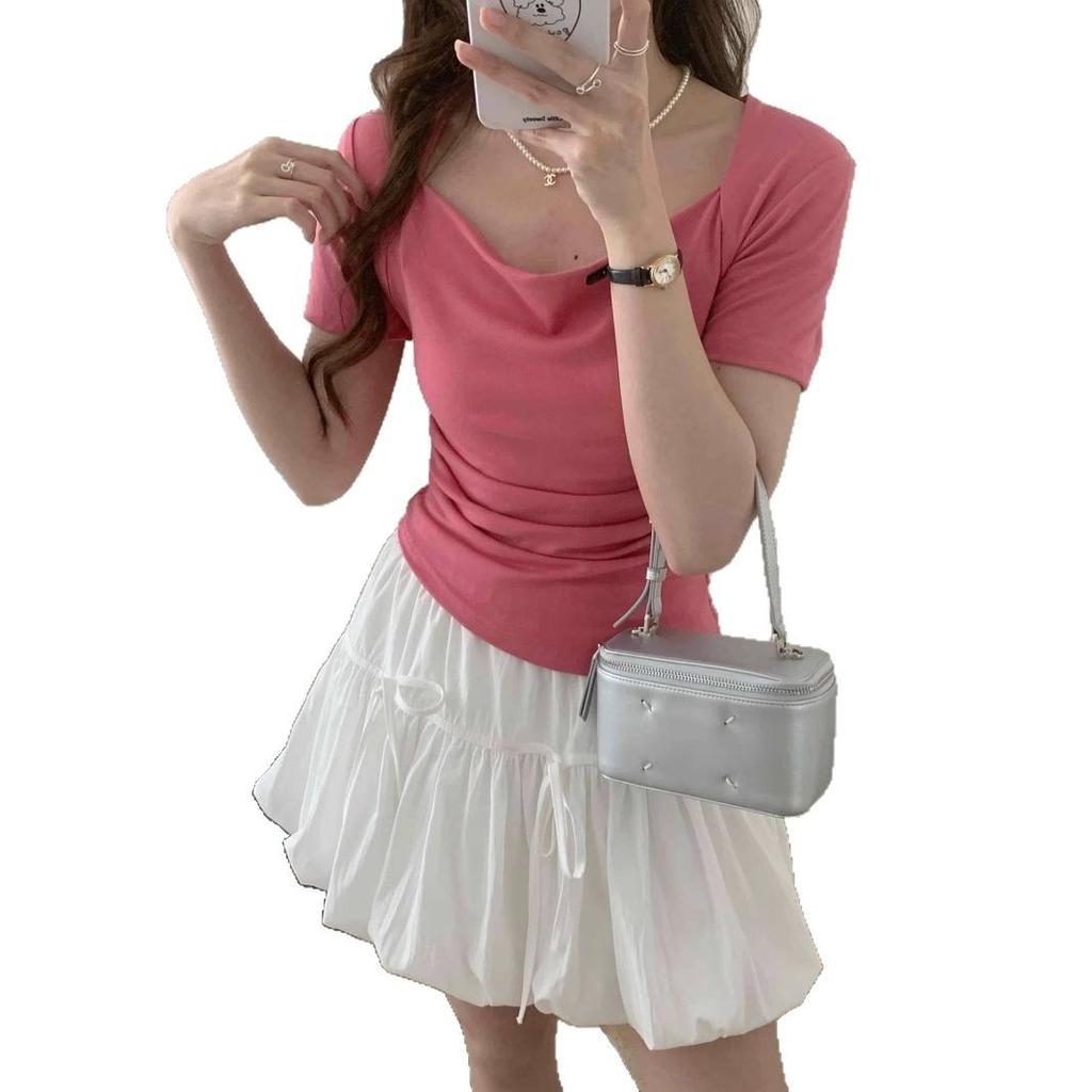 Summer New Irregular Short-sleeved T-shirt Women's Shoulder Swing Collar Design Slim-fit Top