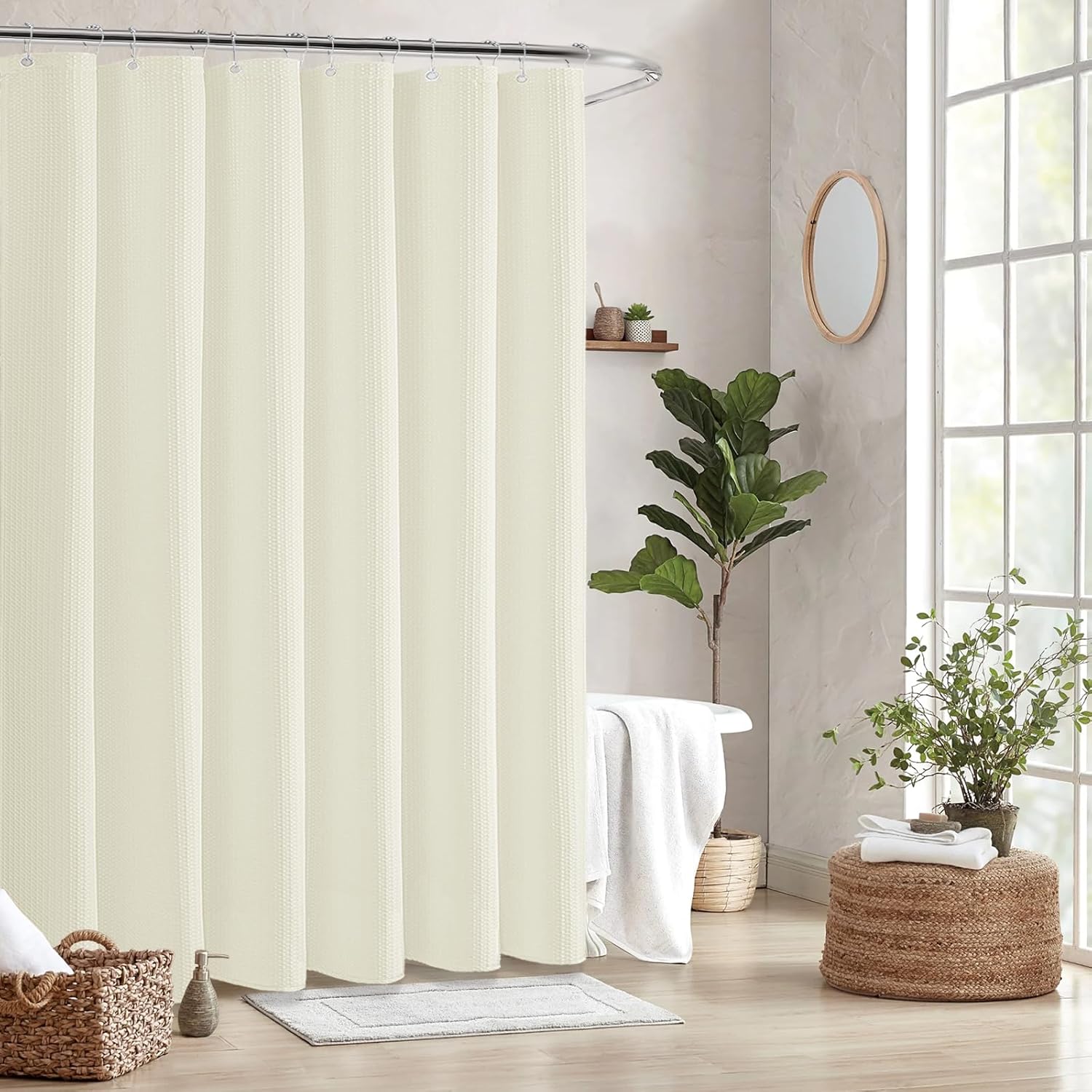 

180x180cm Shower Curtain Waffle Weave Textured Oil-proof Shower Curtain for Bathroom Luxury Waterproof Curtain with 12 Hooks 180*180cm