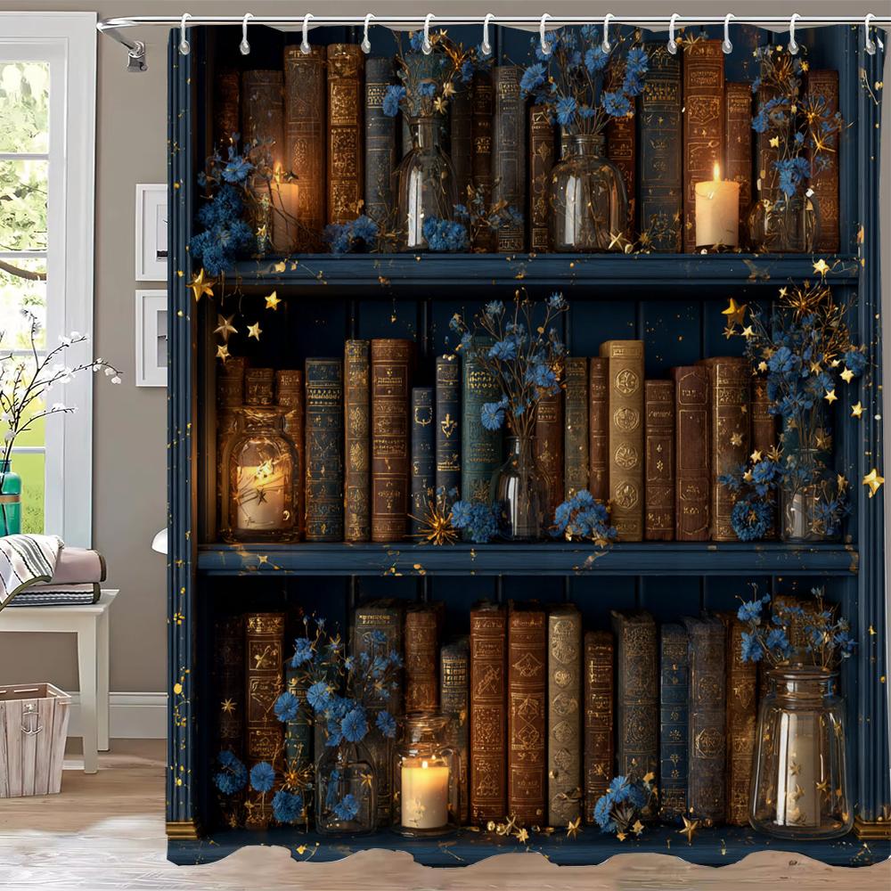 

Nordic Retro Bookshelf Style Shower Curtain 3D Printing Fabric Floral Bathroom Curtains For Home Decoration Curtain With Hooks W60H190(CM)-1 Pcs