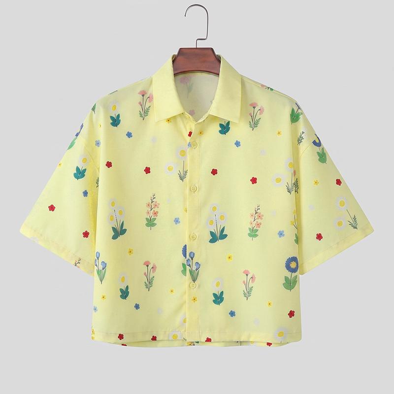 INCERUN Oversized Men Turn-down Collar Dropped Shoulder Button Up Print Casual Cropped Shirts