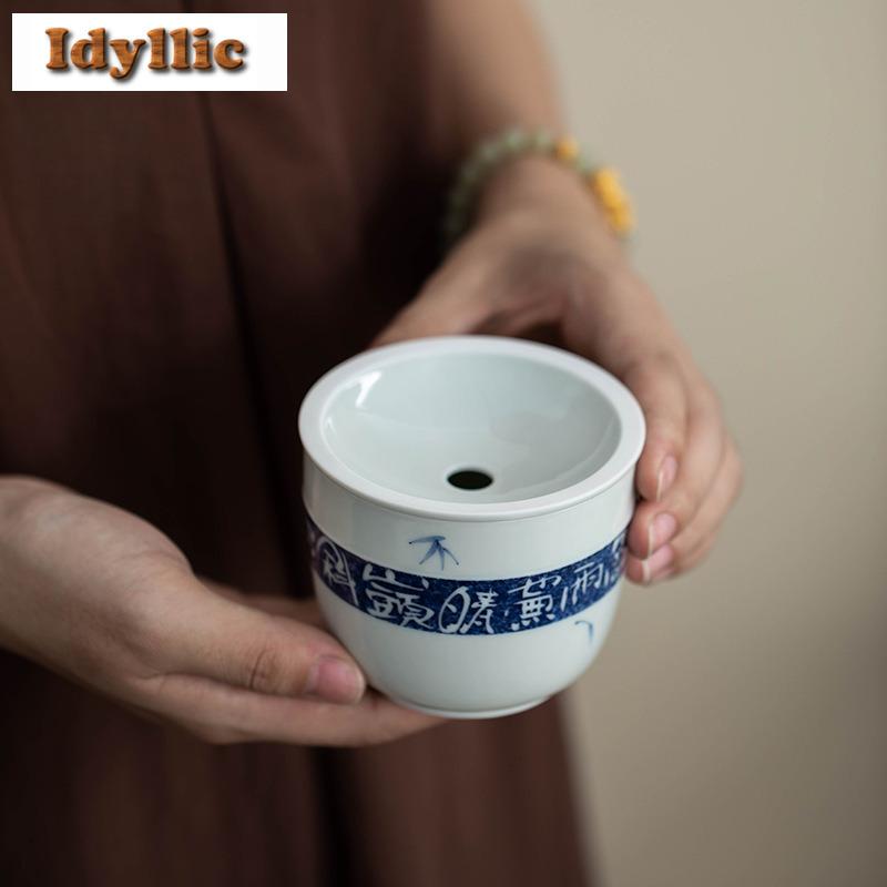 220ml Hand-painted Poetry And Prose Blue Underglaze Jianshui Tea Cup Wash Tea Residue Bucket Chaxi Tea Services Supplies Craft