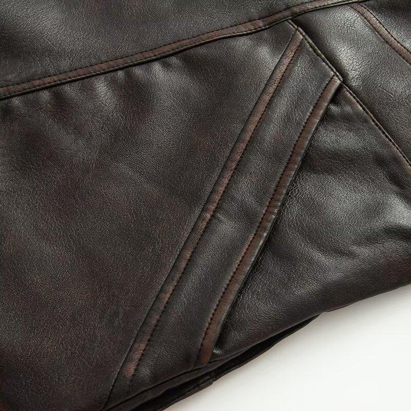 European & American Women's Casual Lapel Leather Jacket Coat - Fashionable Cross-Border Style