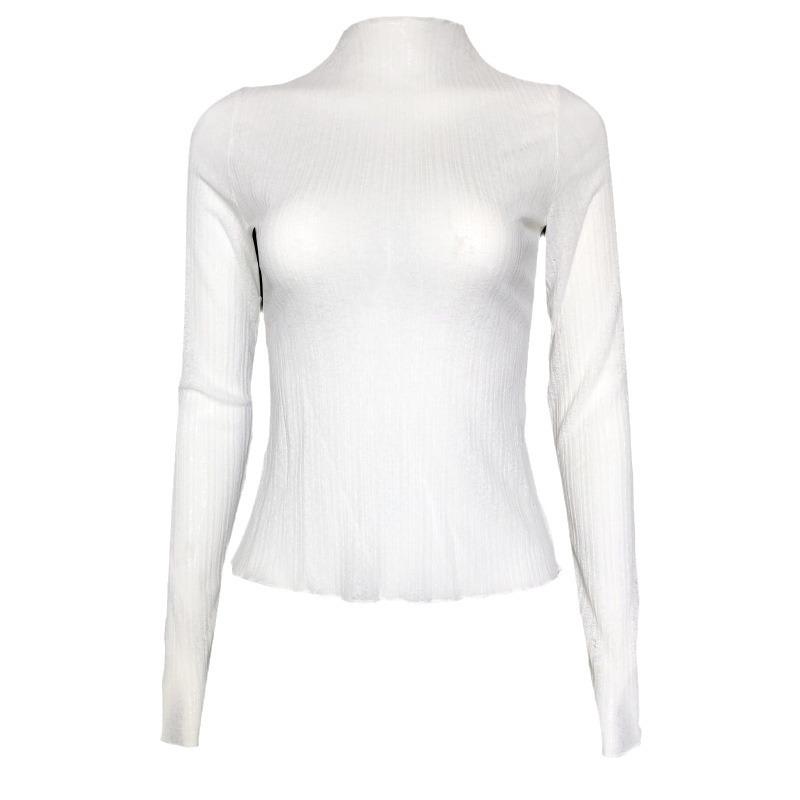 European and American INS Style Early Autumn Women's Long Sleeve Mesh Sheer T-Shirt Solid Color High Neck Slim Fit Top Wholesale