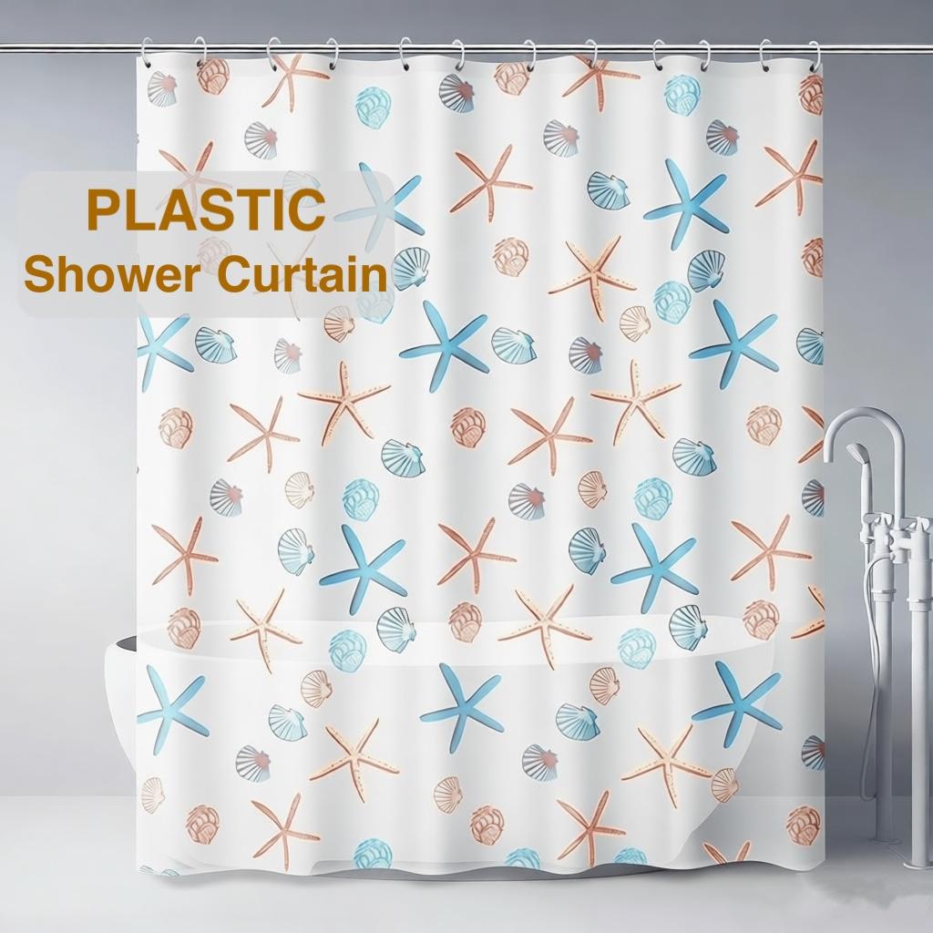 1pc Starfish Waterproof Shower Curtain with Plastic Hooks Lightweight Plastic Bathroom Curtain Bath Curtain Bathroom Partitions