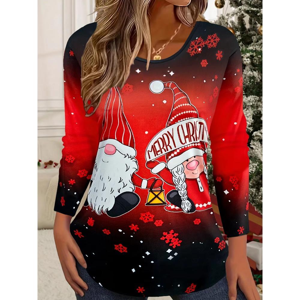 T-shirt Femme Manches Longues Col Rond Impression 3D Thème Noël Mode Confortable Respirant Doux Décontracté Ample Polyvalent