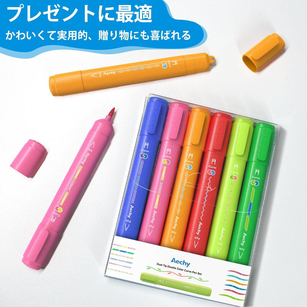 Aechy Curved Line 6 Twin Roller Stamp Glitter Felt for and School Office Stationery Pen, 2-Color Marker, Patterns, Water-Based Head, & Tip,