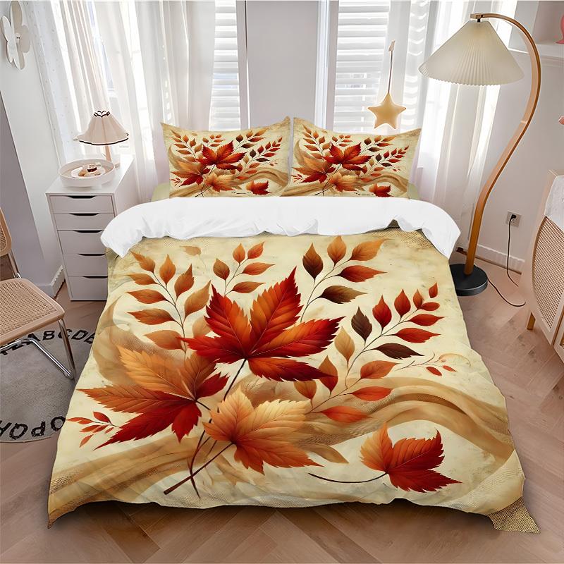 3pcs bedding set Autumn Leaves Includes 1 Comforter + 2 Pillowcases, Without Pillow Inserts, Soft Comfortable, Lightweight Breathable, Print 135x200cm