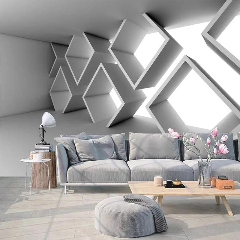 Carta da parati 3D astratta con muro di cemento, edifici geometrici, espansione dello spazio, camera da letto, divano