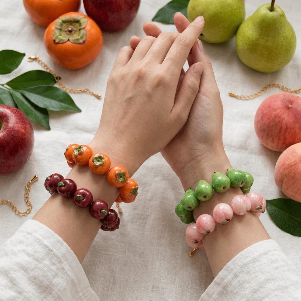 Glossy Beads Fruit Beaded Bracelet Gold Tone Clasp Beaded Wrist Jewelry Gift for Girls