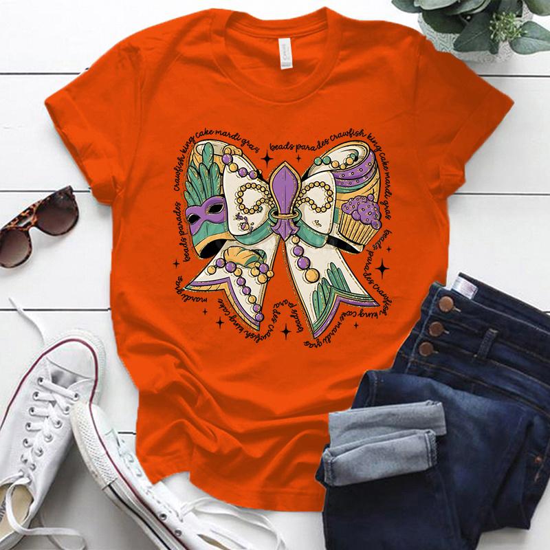 Mardi Gras Coquette Bow Design Tshirt Women Mardi Gras Vibes Vintage T Shirt Crew Neck Fat Tuesday Carnival Bow Shirt for Women