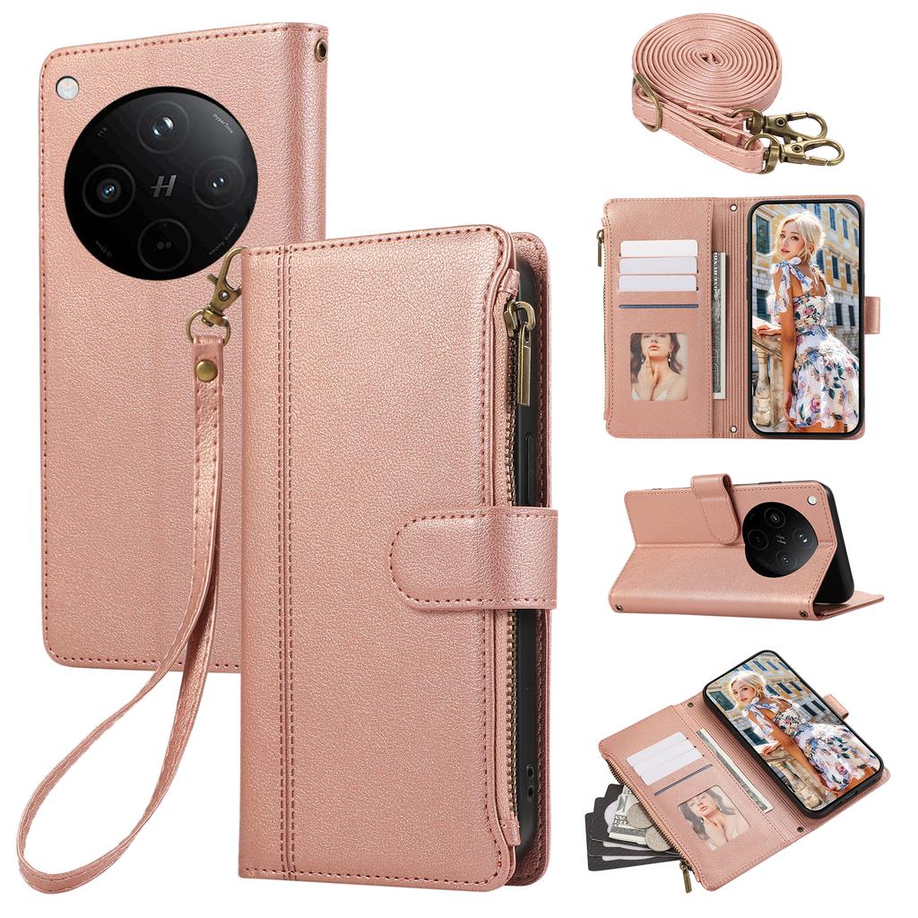 For Oppo Find X8 5G Case Multi Card Slots Zipper Leather Phone Cover with Shoulder Strap/Wrist Strap