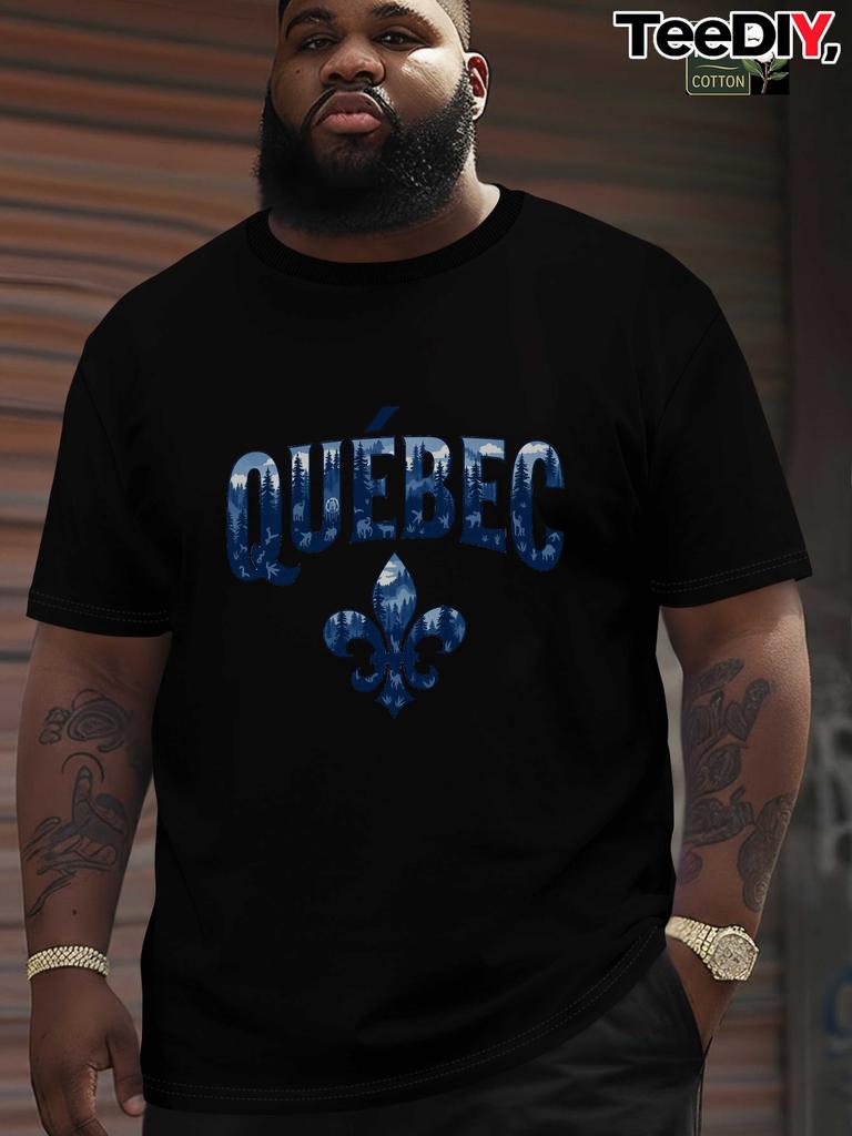 Plus Size Men'S Summer T-Shirt, Quebec Scenic Fleur De Lis Graphic Print Short Sleeve Tees Trendy Casual Tops for Daily Life, Big And Tall Guys