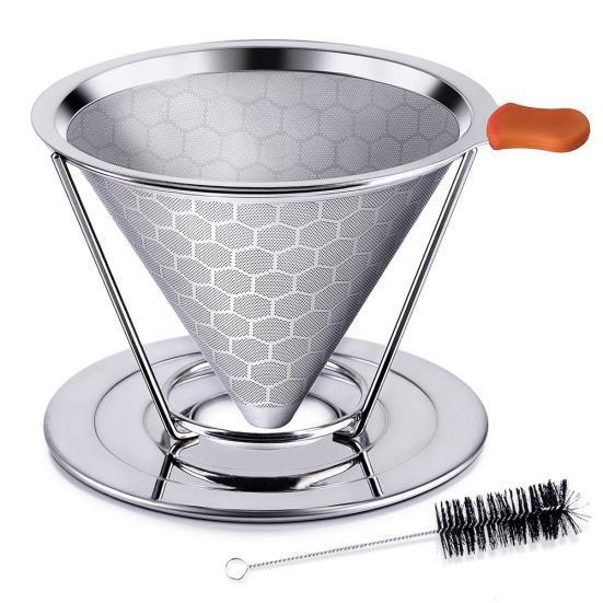 

Honeycombed Stainless Steel Coffee Filter Reusable Pour Over Dripper Cone Filter срібний