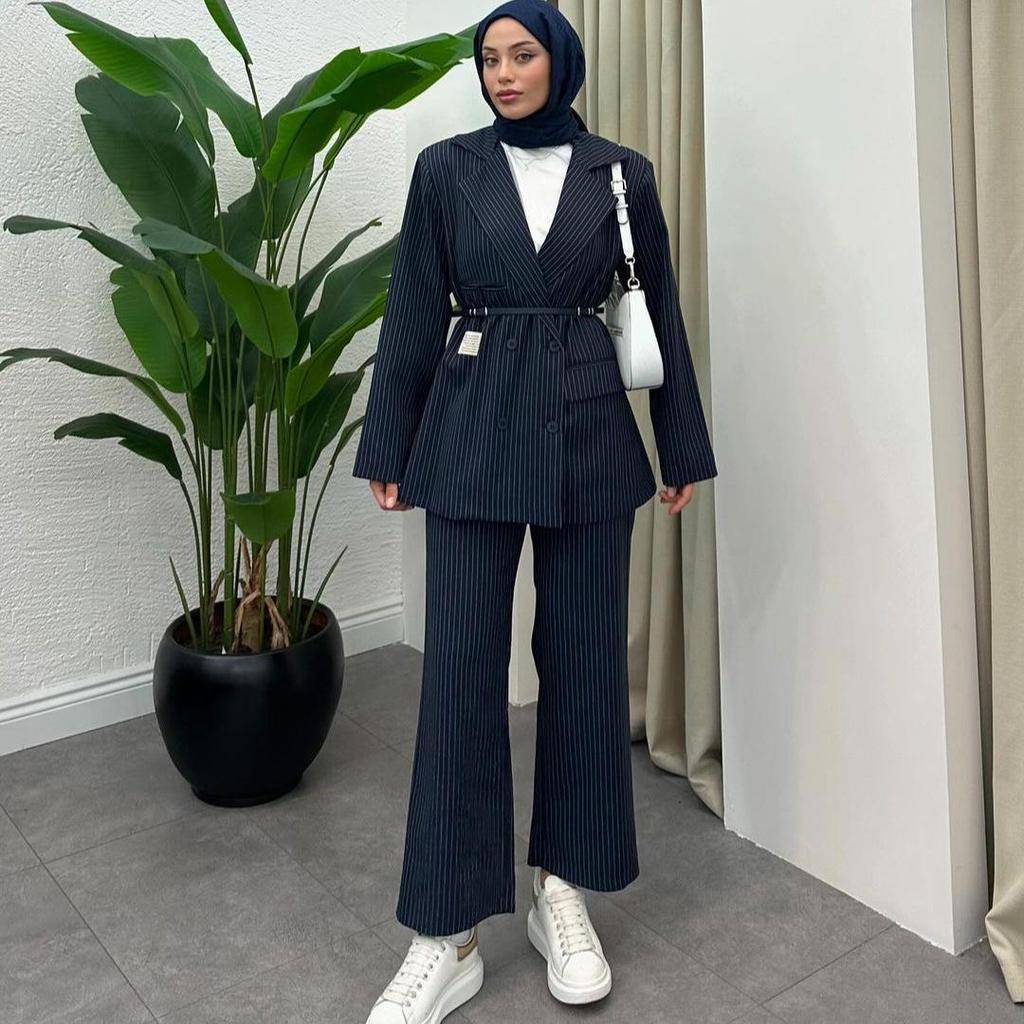 2024 Herbst Europäische & Amerikanische Damenmode Farbblockstreifen Zweiteiliges Set: Schicke Pendler-Lange Hose