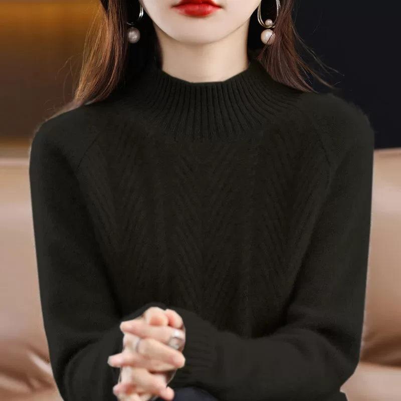 Sweater Women's Autumn and Winter Casual Long-sleeved Half Turtleneck Knitted Sweater Loose Solid-color Pullover