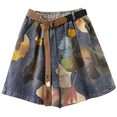 Women Summer Fashion Oversize Floral Print Vintage Wide Leg Office Lady Casual Trendy Streetwear Elastic Waist Loose Denim Short