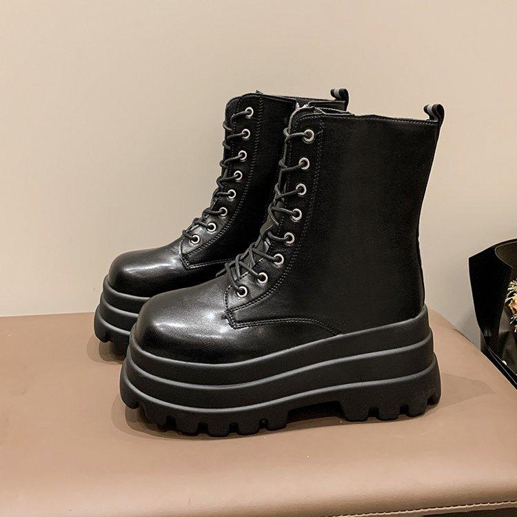 Large Size Muffin Fashion Boots Autumn and Winter New British Waterproof Table Black Boots Thick-soled Zipper Medium Boots