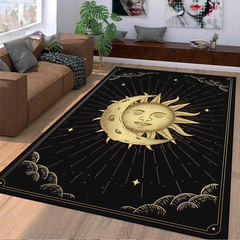 Gold Moon and Sun Pattern Rug, Dreamy Style Suitable for Use As an Anti-slip Game Mat for Living Room and Bedroom Sofas