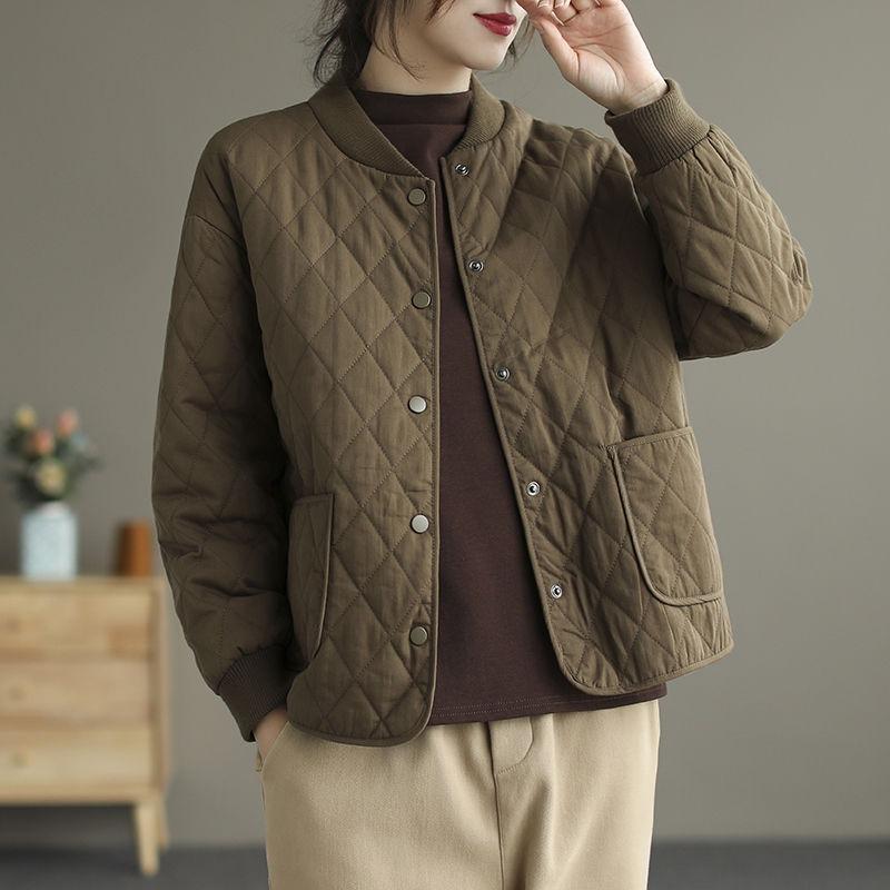 Women Retro Japanese Plaid Cotton Padded Casual Winter Coat