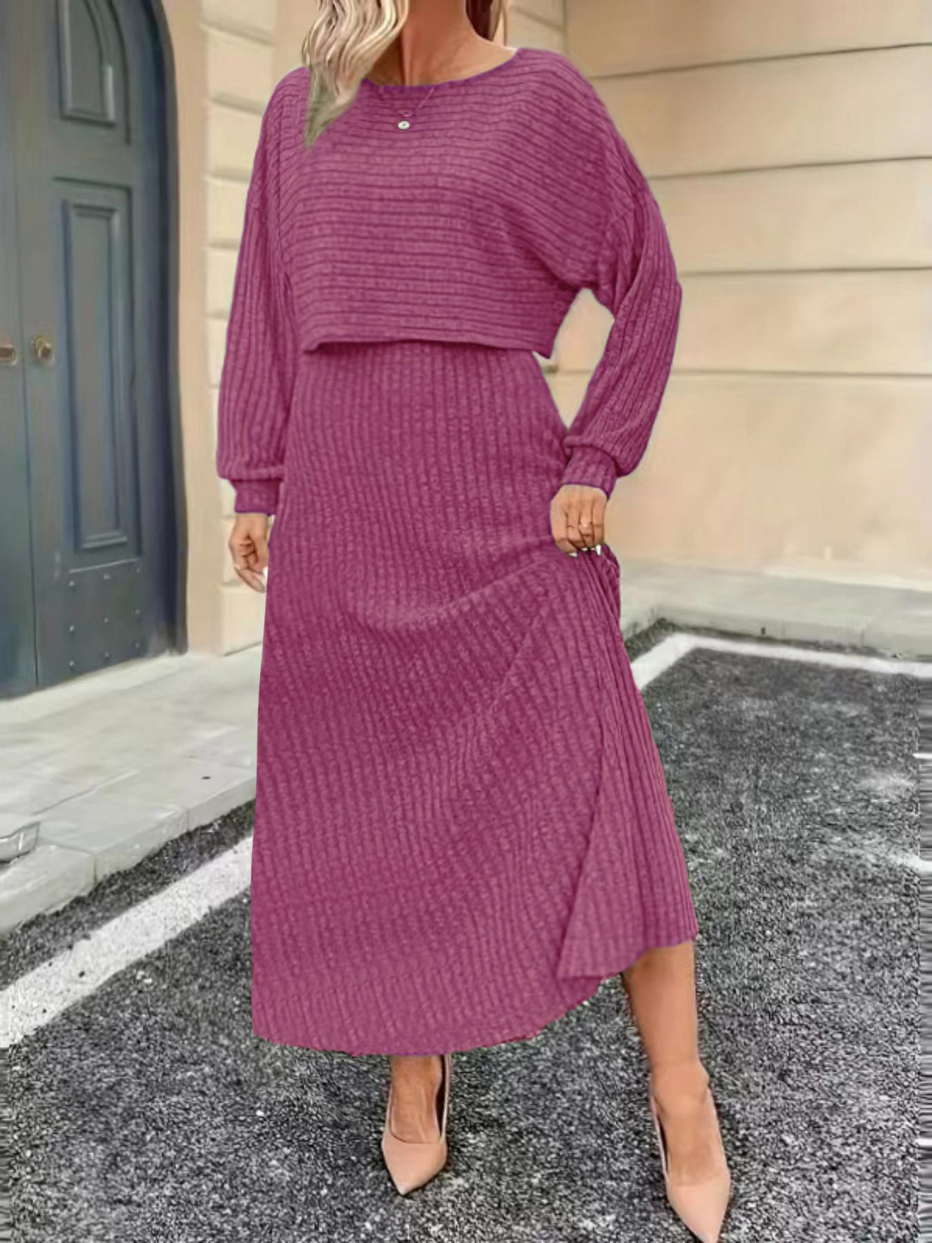 

Новый женский комплект из однотонного топа с длинным рукавом и юбки большого размера - Европейский и американский стиль 5XL фуксия