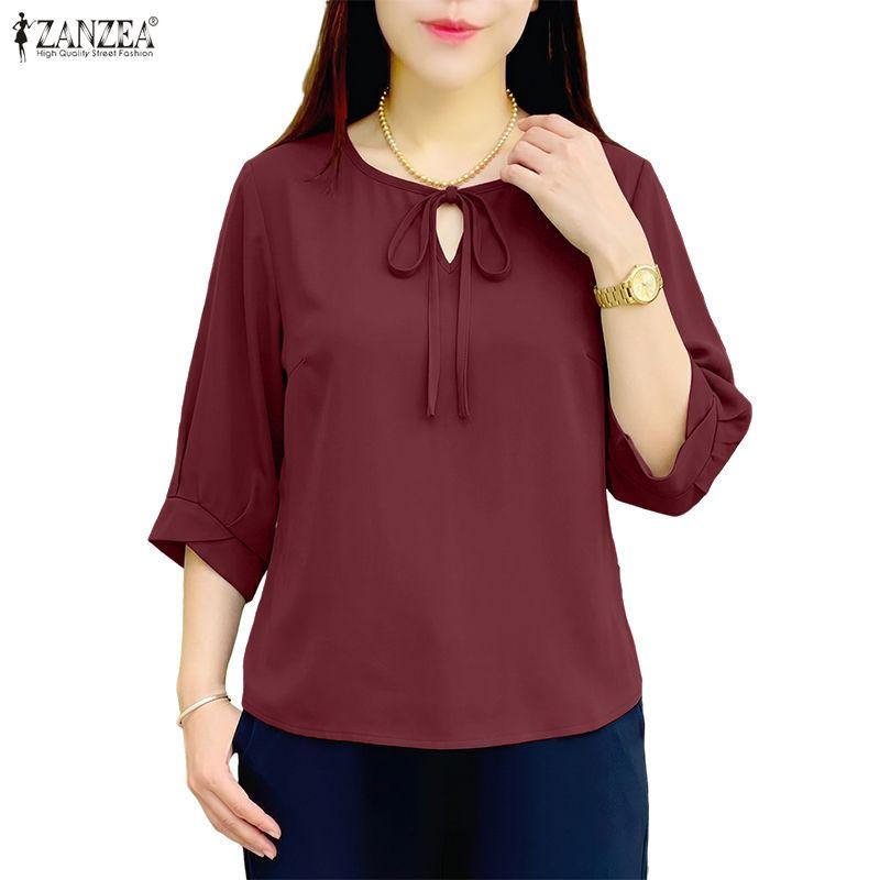 ZANZEA Women Casual Round Neck Solid Color Loose 3/4 Sleeve Blouse