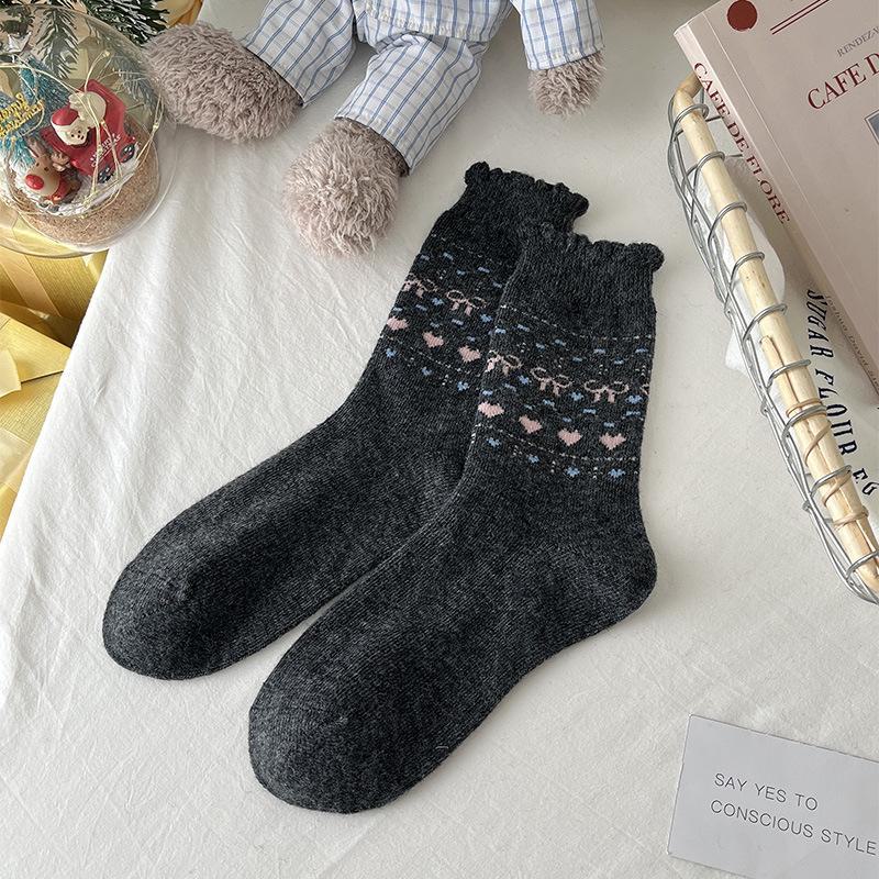 Женские шерстяные носки в стиле ретро с узором «Фэр-Айл»: Толстый, теплый, средней толщины, в японском стиле, защита от холода, точечный рисунок. One Size