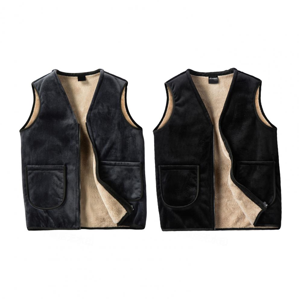 Men Vest Coat V-Neck Sleeveless Solid Color Velvet Lined Vest Coat with Pockets Zipper Closure Thickened Warm Bottoming Waistcoa