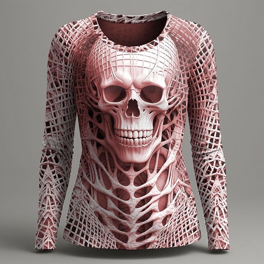 Women's Vintage Skeleton Print Long Sleeve, Gothic Graphic Round Neck Tops, Alternative Fashion Style, Spring Fall Casual Wear