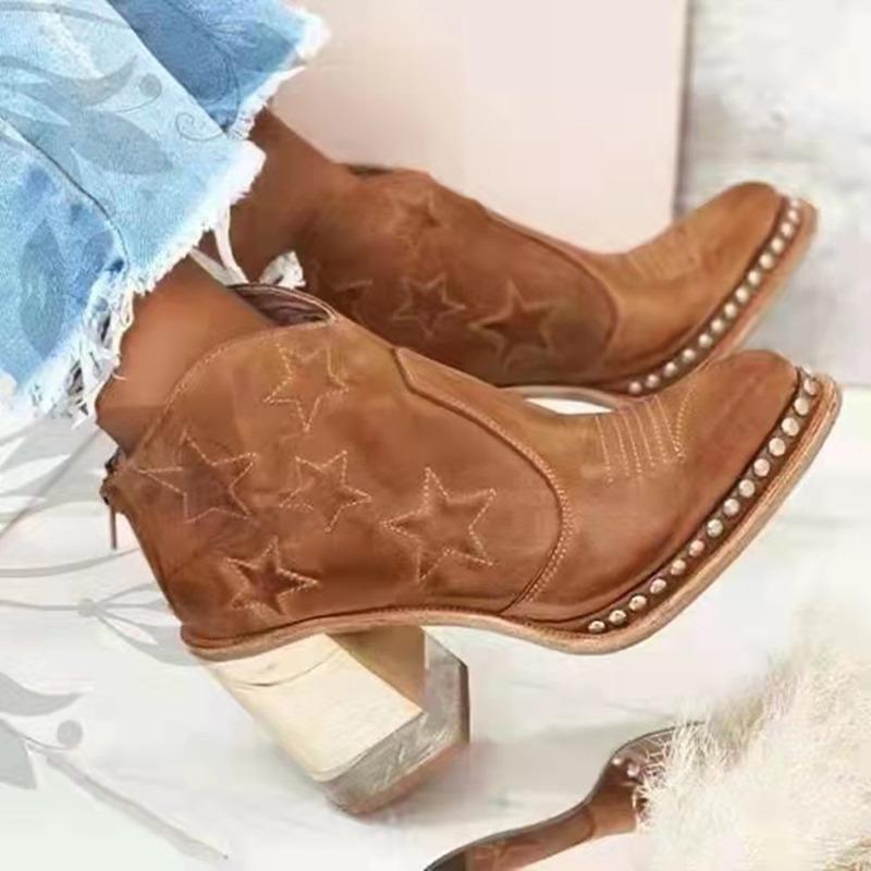 

Женские ботинки на высоком каблуке, женские ботильоны на массивном каблуке с вышивкой, повседневная роскошная дизайнерская обувь больших размеров, большие размеры 38 коричневый