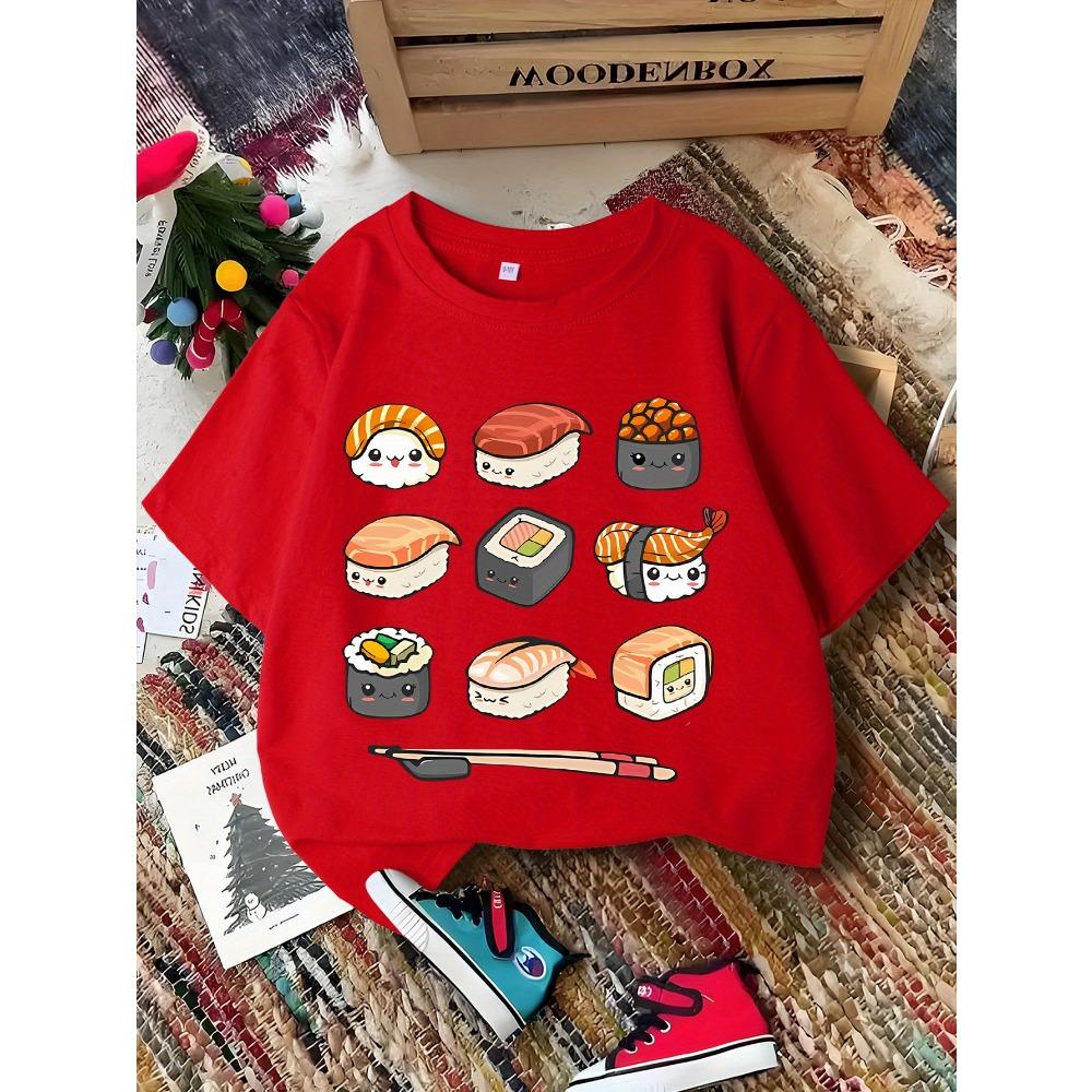 Cute Sushi Cartoon Pattern Print Boys Girls Family Matching Tee Soft Kids Parent Short Sleeve Daily Casual Comfort T Shirt