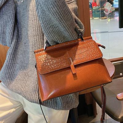 Women's Casual Handbag Oil Wax Leather Single Shoulder Bag Cowhide Crocodile Pattern Fashiable Crossbody Satchels Versatile