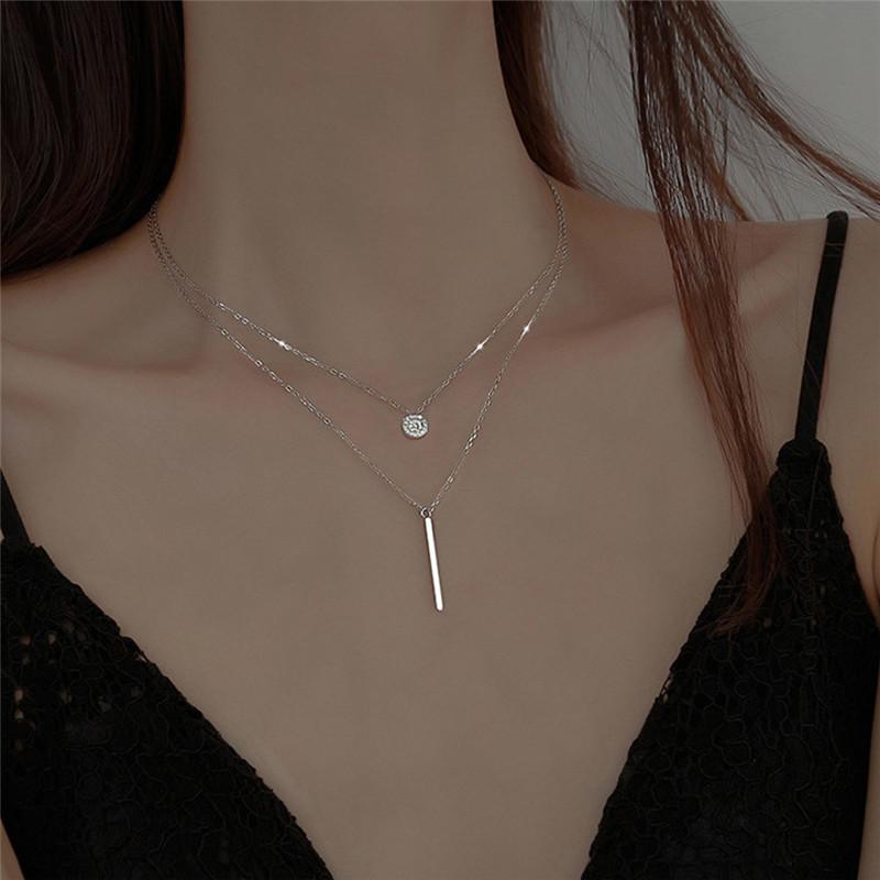 Necklace Geometric Strip Flash Diamond Round Double Necklace Women'S Fashion Diamond Collarbone Chain Necklace